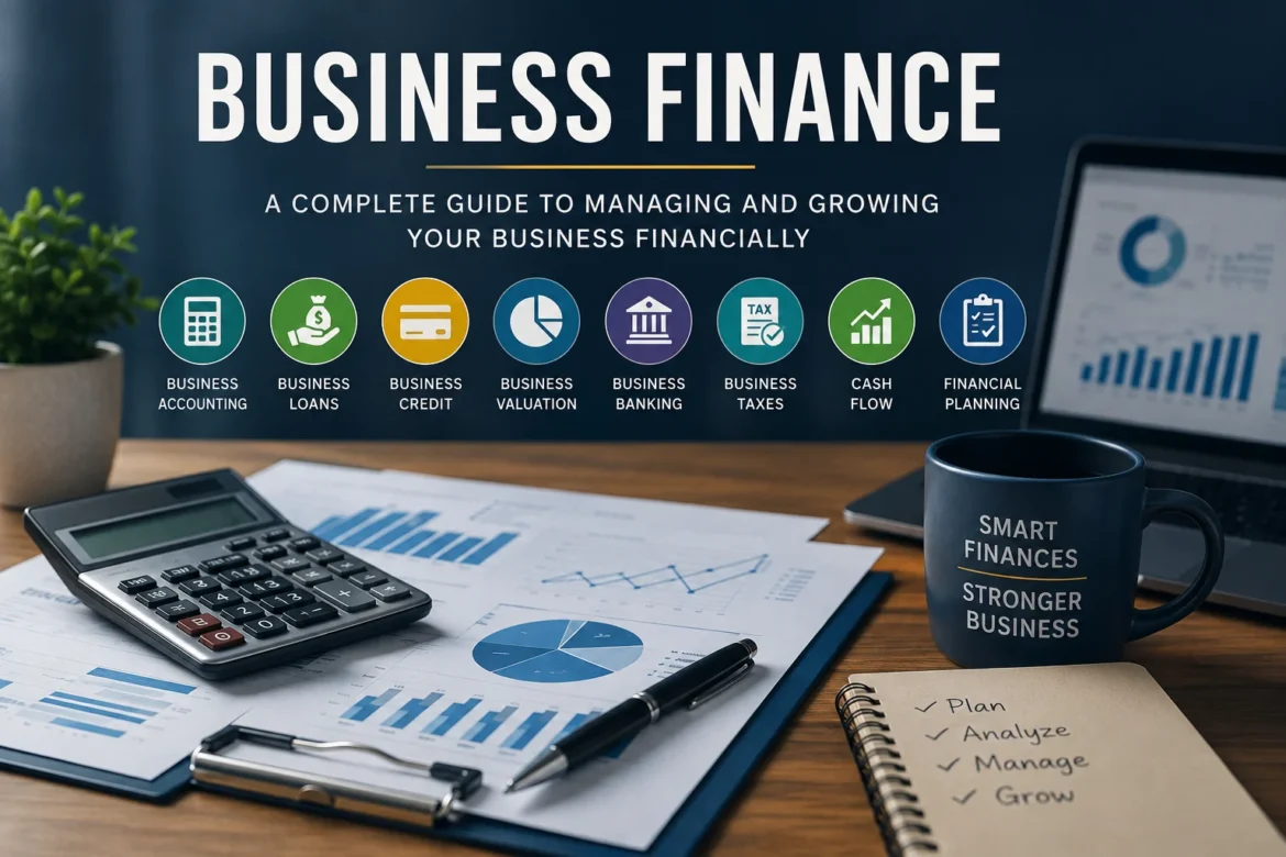 Business finance guide featuring accounting, loans, credit, valuation, banking, taxes, cash flow, and financial planning.