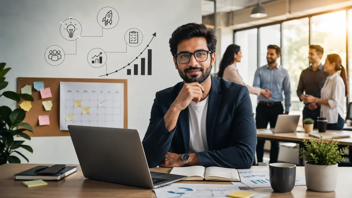 Entrepreneur in a modern office with startup, business strategy, leadership, productivity, and growth concepts in the background.