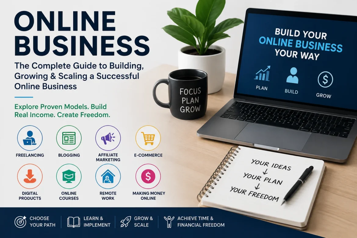 Online business guide featuring freelancing, blogging, affiliate marketing, e-commerce, digital products, online courses, remote work, and making money online.