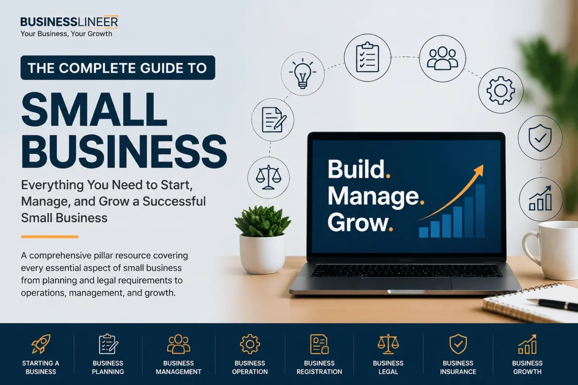 Complete guide to small business covering planning, management, operations, registration, legal, insurance, and growth strategies